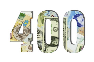 400 Different Worlds Banknotes. Background for business. Money concept White isolated