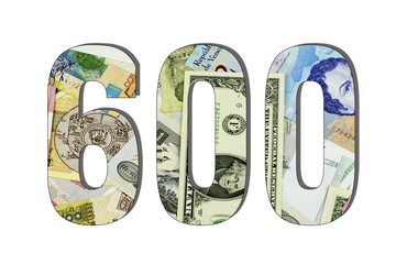 600 Different Worlds Banknotes. Background for business. Money concept White isolated