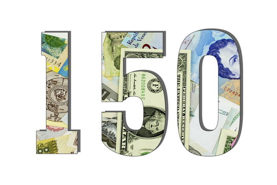 150 Different Worlds Banknotes. Background for business. Money concept White isolated