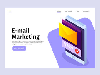 Mobile email notification concept. Email marketing. Landing page template. Vector 3d isometric illustration.