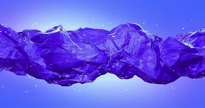 Flowing Wireframe Mesh Abstract Background Animation With Numbers - Blue Version 4K
