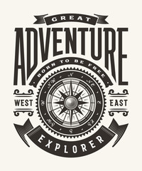 Vintage Great Adventure Typography (One Color). T-shirt and label graphics in woodcut style. Editable EPS10 vector illustration.
