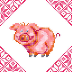 Red pig made from cross-stitch embroidery. Symbol of the year 2019 pig. Vector illustration. - 215556544