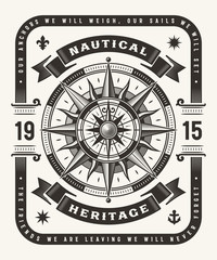 Vintage Nautical Heritage Typography (One Color). T-shirt and label graphics in woodcut style. Editable EPS10 vector illustration.