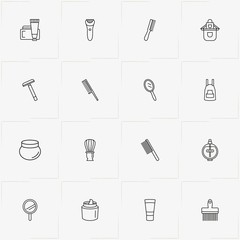 Barbershop line icon set with cream tube, apron and shaving brush