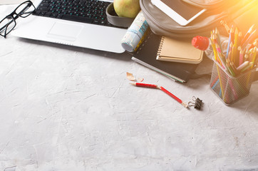 Back to school. Different supplies on desk