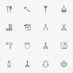 Barbershop line icon set with barber curlers, wig and hair dryer