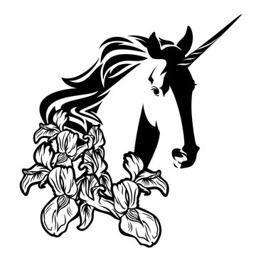 unicorn head among iris flowers - magic horse with floral decor black and white vector design
