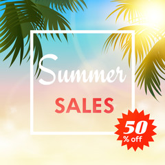 Obraz premium Summer sales background with palm tree leaves. Vector