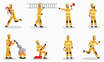 Firefighter at Work Cartoon Vector Characters Set