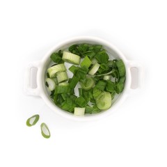 Sliced green onion in a white container, isolated on a white background