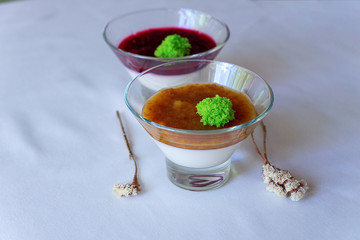 Panakota with berries. cherry in the juice