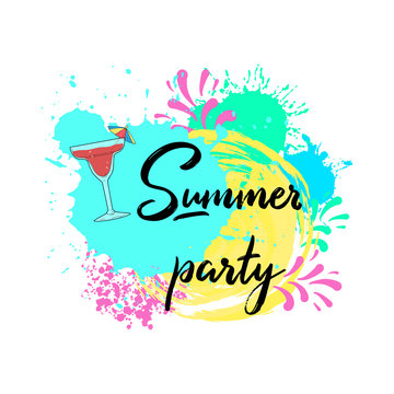 Hand written lettering Summer Party with summer fresh cocktail and design elements. Bright summer time poster.   Template, poster, badge, icon, card, postcard, logo, banner, tag. Vector eps10.
