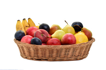 Fruits in a basket on a white background. Good harvest.