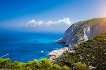 Fototapeta na wymiar Zakynthos steep coastline, limestone cliffs on the western part of island. Greece