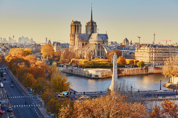 Aerial cityscape view of Paris with Notre-Dame cathedral