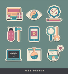 Web design and development stickers. Unique and creative visual metaphors, suitable for wide range of uses.