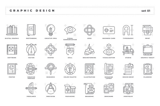 Graphic design. Set of pixel-perfect icons. Thin line style. Variety of unique and creative visual metaphors suitable for wide range of uses. .