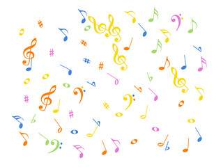 Music Notes Confetti Falling Chaos Vector. Music Symbols Texture Poster Background Elements. Party Night, Festival, Celebration or Concert, Melody Notes Trail. Decorative Song Sheets Chaos Effect.