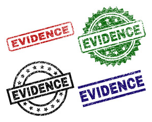 EVIDENCE seal prints with damaged texture. Black, green,red,blue vector rubber prints of EVIDENCE title with scratched texture. Rubber seals with round, rectangle, medal shapes.