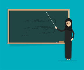 Arab student or teacher with blackboard. woman presenting at classroom.