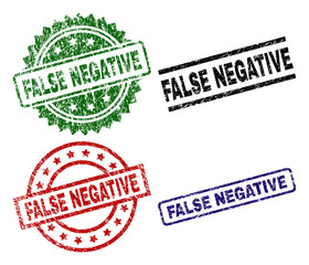 FALSE NEGATIVE seal stamps with corroded style. Black, green,red,blue vector rubber prints of FALSE NEGATIVE title with grunge style. Rubber seals with circle, rectangle, medal shapes.