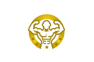 Creative Bodybuilder Golden Circle Stars Logo Design Illustration