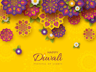 Diwali festival holiday design with paper cut style of Indian Rangoli and flowers. Purple, violet colors on yellow background, vector illustration.