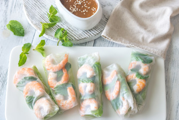 Shrimp rice paper rolls with peanut sauce