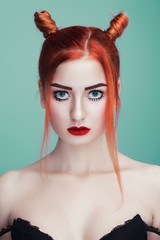 Fashion Studio Portrait of Beautyful Pretty Woman With Red Hair And Creative Makeup in Black Body. 