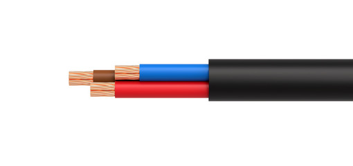 electric wire with three cables on a white background