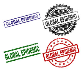 GLOBAL EPIDEMIC seal prints with damaged surface. Black, green,red,blue vector rubber prints of GLOBAL EPIDEMIC text with unclean surface. Rubber seals with round, rectangle, rosette shapes.