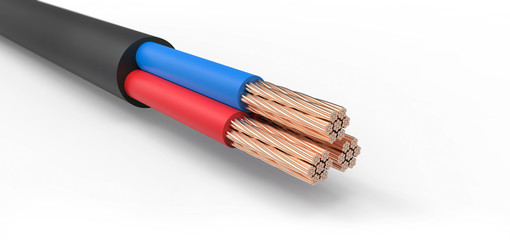 electric wire with three cables on a white background