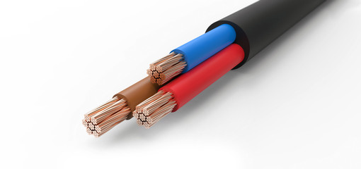 electric wire with three cables on a white background