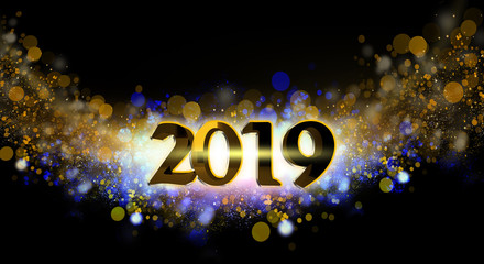 New Year 2019. New Year's poster, background with a volume inscription. 3d rendering. Dark bokeh background, magic dust, light effect, rays. Christmas tree