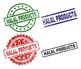 HALAL PRODUCTS seal prints with damaged texture. Black, green,red,blue vector rubber prints of HALAL PRODUCTS label with scratched texture. Rubber seals with round, rectangle, medallion shapes.