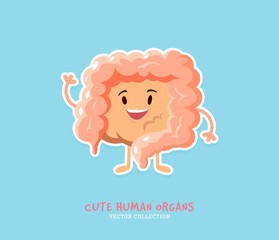 Naklejka premium Happy intestines icon. Intestines cute character. Human organ intestines sticker design. Illustration for anatomy education for children. Human body organ icon.