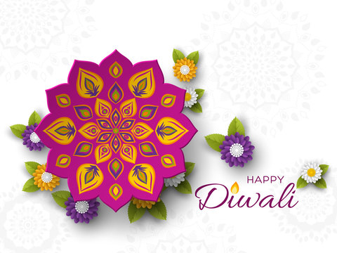 Diwali festival holiday design with paper cut style of Indian Rangoli and flowers. Purple color on white background, vector illustration.