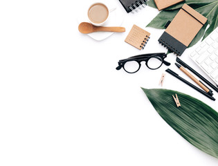 Creative flat lay photo composition for bloggers, magazines, social media and artists. Office supplies and coffee