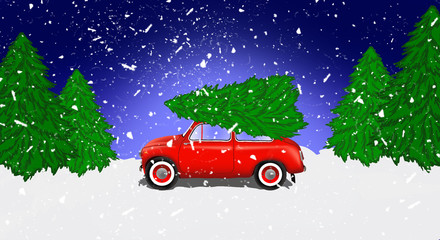 Fototapeta na wymiar Panorama of the forest, snow, night view. A red car is driving a Christmas tree for a Christmas holiday. Winter illustration, banner. 2019