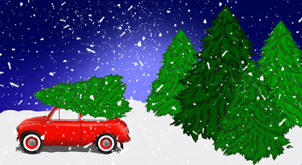 Panorama of the forest, snow, night view. A red car is driving a Christmas tree for a Christmas holiday. Winter illustration, banner. 2019
