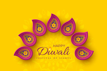 Diwali festival holiday design with paper cut style of Indian Rangoli. Purple color on yellow background, vector illustration.