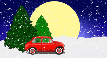 Panorama of the forest, snow, night view. A red car is driving a Christmas tree for a Christmas holiday. Winter illustration, banner. 2019