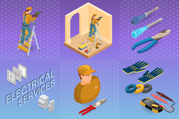 Electrical services. Isometric concept. Worker, equipment.