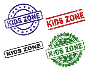 KIDS ZONE seal prints with corroded style. Black, green,red,blue vector rubber prints of KIDS ZONE tag with grunge style. Rubber seals with circle, rectangle, rosette shapes.