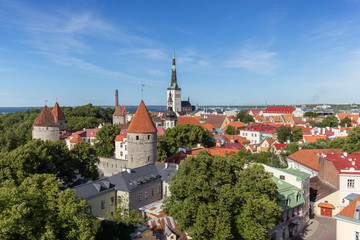 Fototapeta na wymiar City walls' and St. Olaf's (or Olav's) church's towers and other buildings at the Old Town in Tallinn, Estonia, viewed from above on a sunny day in the summer.