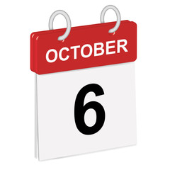 Daily single-leaf calendar, red spine, 3d, month of October,sixth day,6th.Vector,illustration