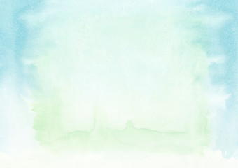 Green and blue horizontal  watercolor  gradient  hand drawn  background. Top part is lighter than other sides of image.
