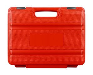 Red suitcase on a white