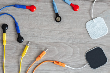 Wire and connectors for electrode stimulation. Health and well-being. Top view.